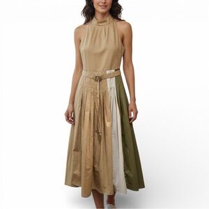 En Saison Dress Womens Size XS Clara belted midi  Green Cream 100% Cotton NWT